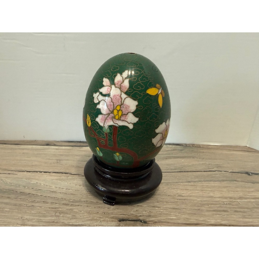 Vintage Chinese Cloisonne Enamel Egg Green Cherry Blossom Butterfly with Stand